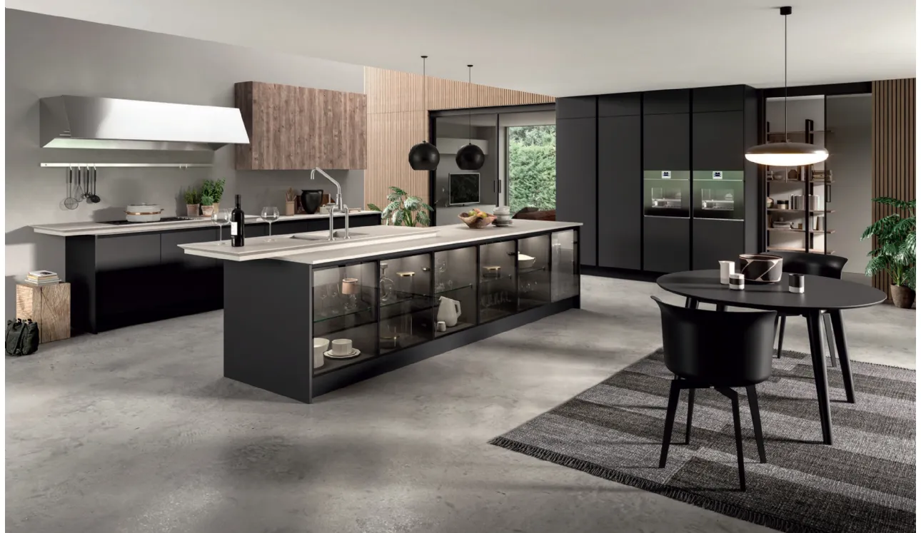 Cucina Design con isola Penelope in HPL Nero opaco e vetro di Aran